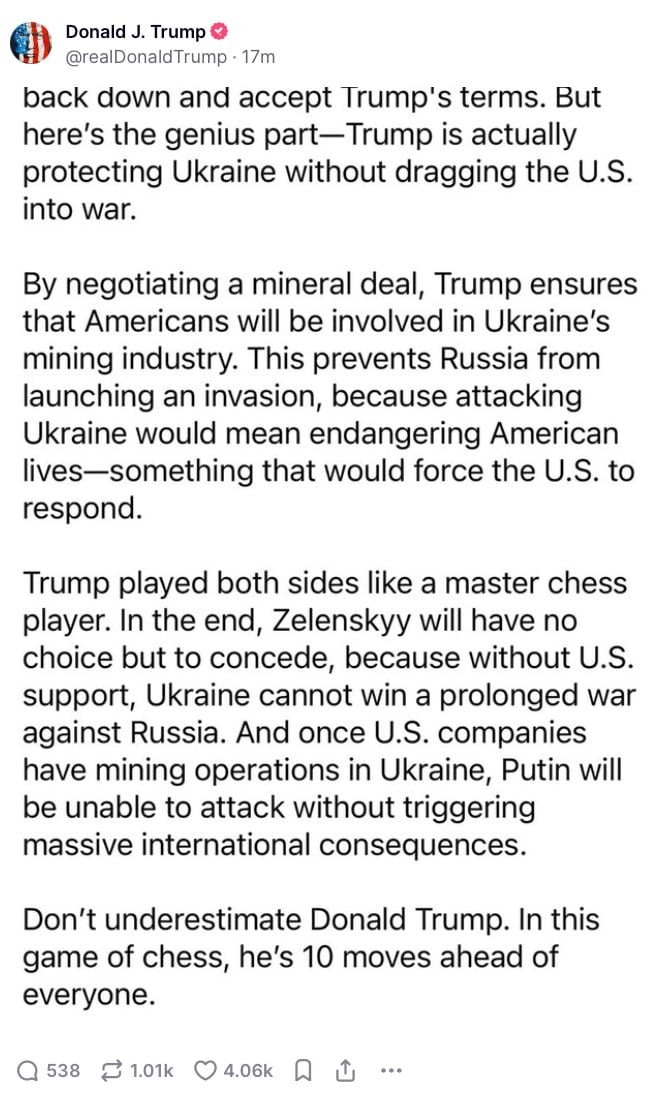 "Трамп на самом деле защищает Украину, не таща за собой США на войну. У Зеленского не будет другого выбора, как отступить и принять условия Трампа", — репост на странце Трампа   Информатор   Подписаться