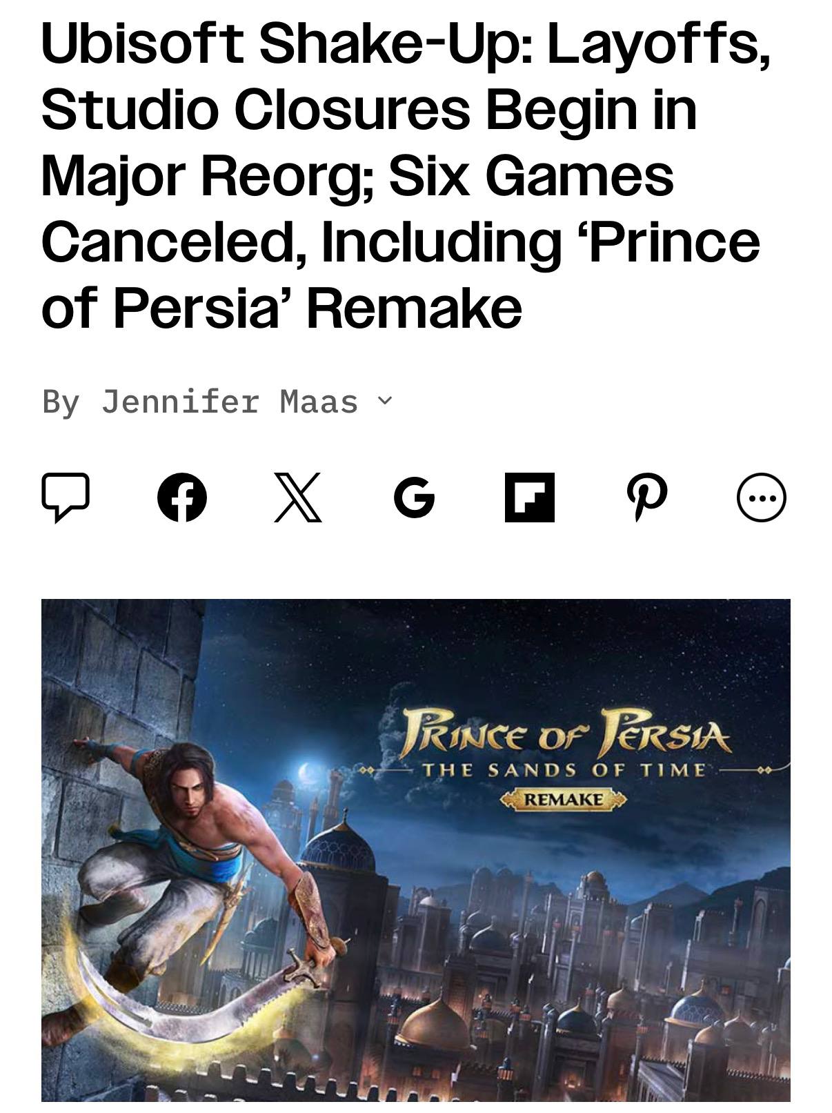 Ubisoft посыпался компания внезапно отменила выход ШЕСТИ игр включая ремейк Prince of Persia Sands of Time анонсированный аж в 2020 году Также был отложен релиз СЕМИ проектов одновременно из которых ремейк Assassin s Creed 4 Black Flag его перенесли на следующий год Французы объясняют это масштабной перезагрузкой которая должна поднять компанию с колен Контора милашек techmedia
