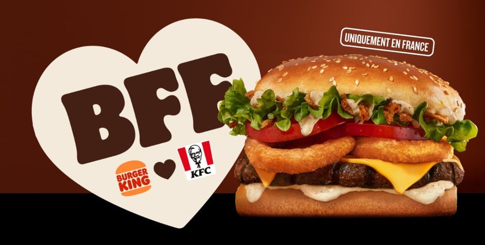 Вау, Burger King и KFC выпустили совместный бургер.   Новинка называется BFF  Best Friends Forever  и подается в БК с говяжьей котлетой, а в KFC — с куриной, но есть и версия для вегетарианцев.   Идеально для тех, кто постоянно не может определиться с выбором.