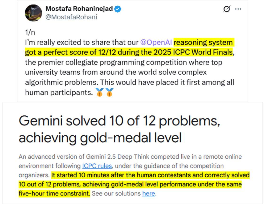 ОГО модель OpenAI решила все 12 задач на финале ICPC 2025 крупнейшего в мире соревнования по программированию среди студентов Это абсолютный рекорд для ИИ модели и лучший результат на Олимпиаде Следующие в рейтинге идут наши ребята из СПБГУ они решили 11 задач из 12 вау Также 1 место получила Gemini 2 5 DeepThink от Google решившая 10 из 12 задач Теперь ждем когда ИИ решит одну из задач тысячелетия xor journal