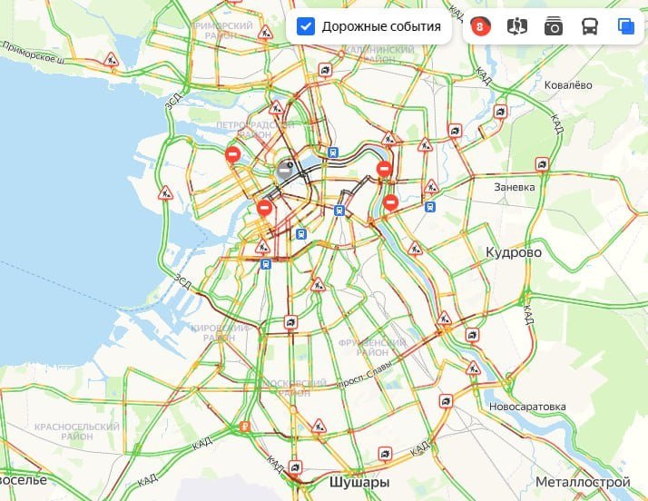 Петербург провожает первый рабочий день недели 8-балльными пробками  По данным "Яндекс.Карт", к 18:00 интенсивность дорожных заторов достигла 8 баллов. Особенно сильные пробки в центре города, где стоят Невский проспект, Садовая улица, Каменноостровский и Большой Сампсониевский проспекты, набережная Обводного канала, а также другие крупные магистрали.  Движение также затруднено на южном участке ЗСД, в некоторых местах КАД, на Московском проспекте, Московском шоссе, проспектах Славы и Энгельса.