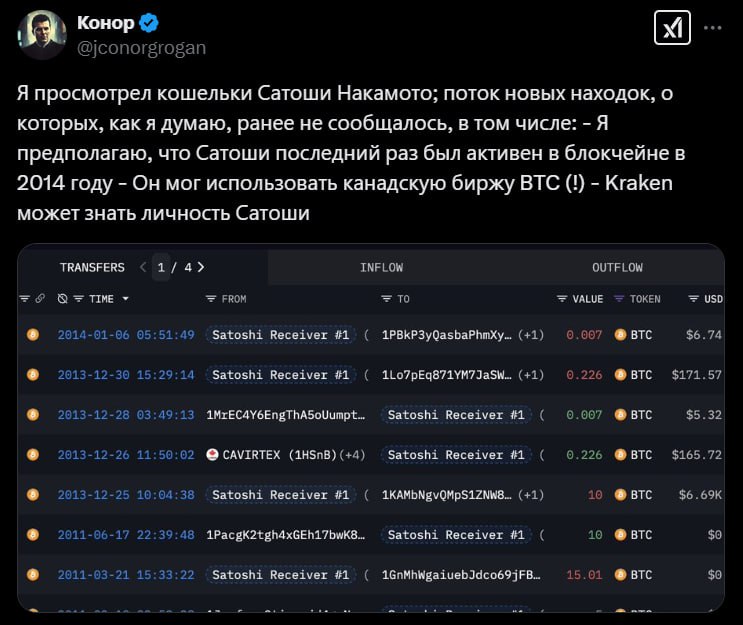 Kraken знает кто Сатоши?  СЕО Coinbase заявил, что с адресов Сатоши Накамото зафиксировано 24 перевода в пользу канадской биржи CaVirtEx. В 2016 году биржу выкупил Kraken и есть вероятность, что у них есть данные о личности отправителя, если там был пройден KYC  В сети сомневаются, что транзакции были проведены самим Сатоши, но последняя активность с его кошельков была в 2014 году, т.ч. такая возможность не исключается  Ну мы то точно знаем кто он   Crypto