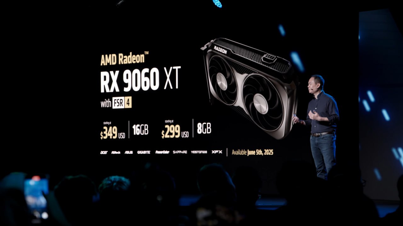 AMD анонсировала бюджетную видеокарту RX 9060 XT, которая выйдет уже 5 июня в двух версиях — на 8 и 16 гигабайт видеопамяти. Компания также представила обновление FSR для RDNA4, которое должно улучшить качество и производительность рейтрейсинга.