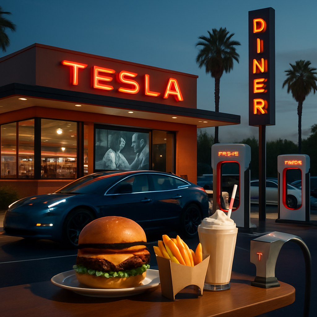 Tesla открывает ретро-ресторан и станцию зарядки в Лос-Анджелесе! Сегодня официально открывается долгожданный ресторан в стиле 1950-х, сочетая комфортную еду и возможность зарядки автомобилей. Посетители смогут наслаждаться бургерами, картошкой фри в упаковке в форме Cybertruck и молочными коктейлями, пока их авто подзаряжается. В ресторане установлены большие экраны для просмотра видео, включая кинофрагменты, а также возможно смотреть с экранов в своих Tesla. Интересно, что на недавнем тестовом запуске был замечен робот Optimus, который подавал попкорн. Если проект удастся, Илон Маск планирует расширение сети ресторанов в крупных городах и на трассах с Supercharger. Ресторан стал ответом на падение популярности бренда после ухудшения отношений Маска с Трампом и снижения продаж. AI OFFICIAL