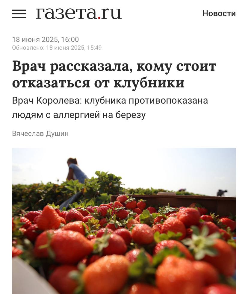 Людям с аллергией на пыльцу берёзы категорически нельзя есть клубнику. Ягода может обострить аллергию и угрожает здоровью человека, заявили врачи. Если у вас есть тревожные звоночки — лучше перестраховаться. Аллергики заплакали, но в этот раз не от пыльцы.