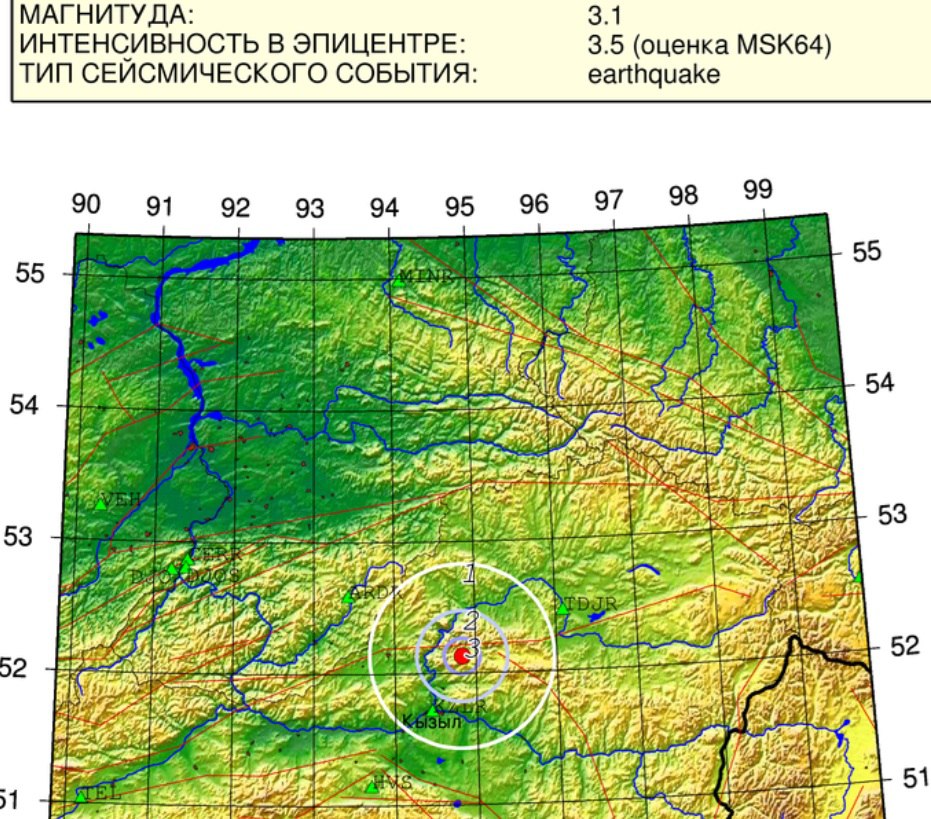 Землетрясение произошло в Туве Землетрясение силой 3 5 балла произошло утром 28 января неподалеку от Кызыла в Туве По данным Алтае Саянского филиала Геофизической службы РАН магнитуда события составила 3 1 интенсивность 3 5 МЧС сообщает что эпицентр находился в Кызылском районе в 31 км от села Черби Колебания земной поверхности не ощущались звонков от населения не поступало объекты жизнеобеспечения населения функционируют в штатном режиме Подписаться Прислать новость Помочь бустами