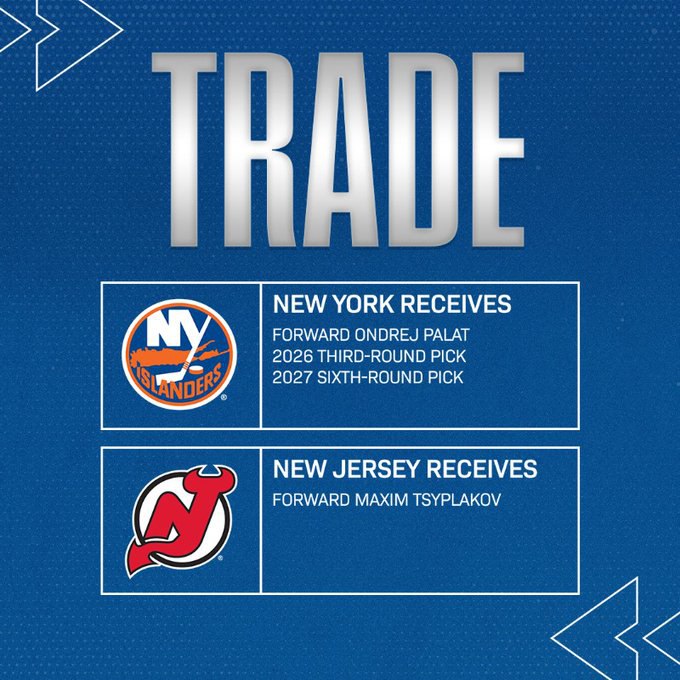 Российский форвард стал участником обмена в НХЛ Нью Йорк Айлендерс обменял в Нью Джерси Девилз российского форварда Максима Цыплакова Об этом сообщается на сайте НХЛ Взамен Айлендерс получили 34 летнего чешского форварда Онджея Палата а также выбор в третьем раунде драфта 2026 года и выбор в шестом раунде драфта 2027 го 27 летний Цыплаков проводил второй сезон в НХЛ В прошлом на его счету было 77 матчей и 35 набранных очков 10 25 но в этом россиянин выступает неудачно набрав всего 2 1 1 очка в 27 играх и часто выпадая из состава Контракт Цыплакова с зарплатой в 2 25 млн в год действует до конца сезона 2026 27 В составе Нью Джерси также выступают российские форварды Евгений Дадонов и Арсений Грицюк Палат за 14 сезонов в НХЛ набрал 515 181 334 очков в 876 матчах выиграл два Кубка Стэнли в составе Тампа Бэй Лайтнинг 2020 2021 НХЛ Подписаться на РБК Спорт