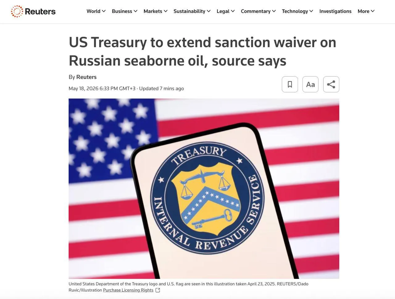 нефть Минфин США на 30 дней продлит истекшее 16 мая исключение из санкций в отношении российской нефти перевозимой морем сообщает Reuters Ранее несколько государств попросили об этом чтобы иметь больше времени на закупку российской нефти