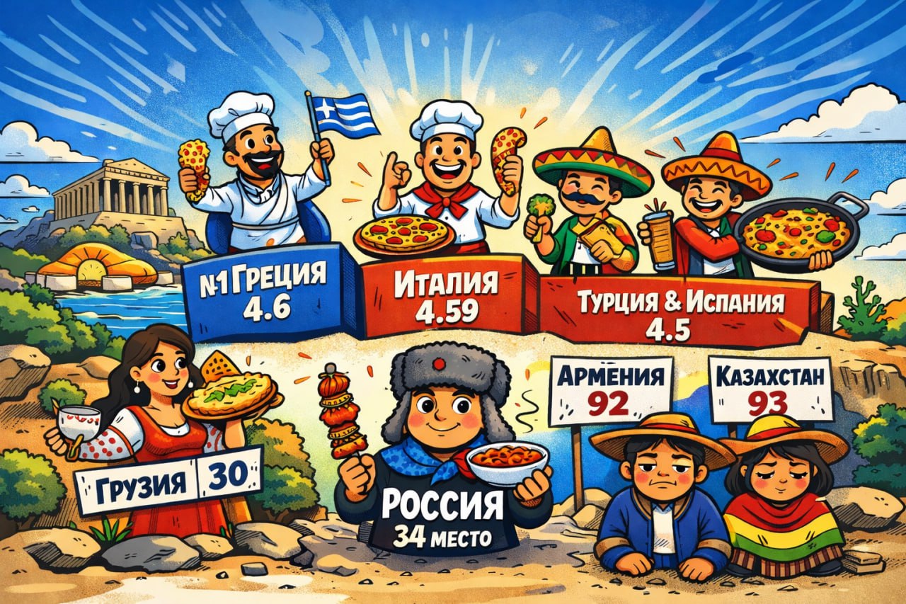 Где в мире вкуснее всего Если верить вкусовым рецепторам сотен тысяч людей в 2025 году гастрономический Олимп принадлежит Греции Портал World Population Review опубликовал рейтинг национальных кухонь 99 стран основанный примерно на 400 тысячах отзывов Первое место заняла греческая кухня с оценкой 4 6 балла Совсем рядом Италия 4 59 уступившая лидерство и Мексика 4 52 Турция и Испания замкнули пятерку фаворитов набрав по 4 5 балла В топ 10 без революций страны лишь слегка поменялись местами Россия оказалась на 34 й строчке выше большинства стран бывшего СССР Лучший результат среди них показала Грузия заняв 30 е место Украина расположилась на 43 й позиции Азербайджан на 56 й Беларусь на 75 й Литва и Латвия на 39 м и 78 м местах В самом конце списка Армения и Казахстан занявшие 92 е и 93 е места Хуже всего участникам опроса пришлись по вкусу кухни Никарагуа Лаоса и Боливии именно они замкнули рейтинг Похоже спорить о еде миру ещё долго не надоест Фотография сгенерирована ИИ Telegram MAX Читать эксклюзив