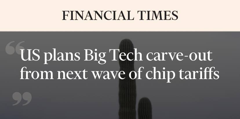 Белый дом готовит послабления для крупнейших IT компаний FT Администрация Трампа рассматривает возможность освободить крупнейшие технологические компании Amazon Google и Microsoft от новых тарифов на импорт чипов которые планируется ввести в ближайшее время Речь идёт об исключениях для американских гиперскейлеров которые строят дата центры для развития ИИ и сильно зависят от поставок полупроводников Эти послабления хотят связать с инвестициями тайваньского производителя TSMC в производство чипов на территории США Компания уже пообещала вложить до 165 млрд в американские заводы Вашингтон рассчитывает одновременно усилить давление на перенос производства в США и не подорвать ИИ инфраструктуру Big Tech При этом администрация Трампа по прежнему не исключает введения более широких пошлин на полупроводники в будущем если инвестиции в локальное производство окажутся недостаточными Подписывайтесь на BFM И в MAX