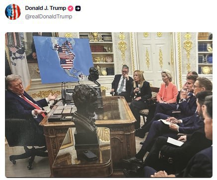 Трамп опубликовал фотографию на которой он разговаривает с европейскими лидерами на фоне карты где Гренландия и Канада изображены как часть США