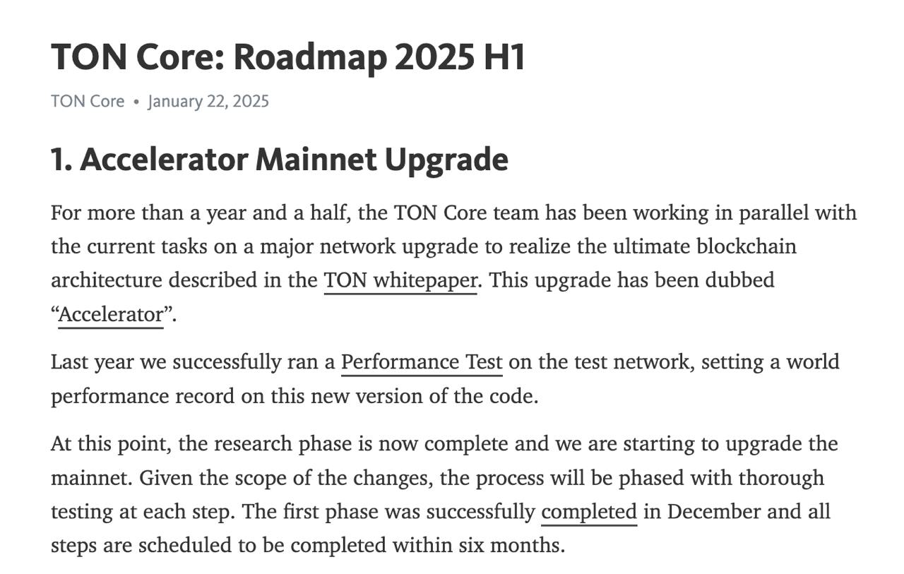 Анатолий Макосов написал о запуске канала для обновлений TON Core и представил дорожную карту на 2025 год  Дорожная карта на первую половину 2025 года: обновление ядра Accelerator для ускорения основной сети, релиз новой версии Toncenter API  Actions, Pending, Emulation, Domains , запуск платежной сети Layer 2, разработка новых стандартов  идентификаторы транзакций, интерфейсы смарт-контрактов, безопасность, мнемоники кошельков , поддержка BTC Teleport, новая версия языка TOLK 1.0.