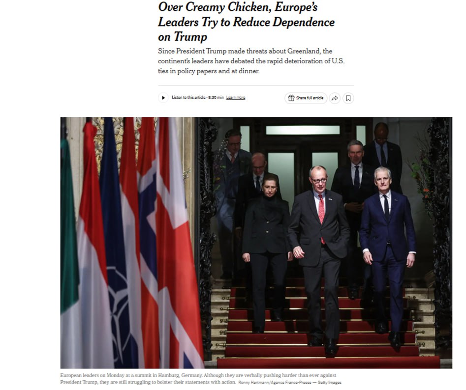 Лидеры европейских стран собрались на экстренный ужин в Брюсселе где подготовили план противодействия Трампу сообщает The New York Times План лидеров состоит в том чтобы сохранять спокойствие во время будущих провокаций Трампа угрожать ответными пошлинами и тайно работать над тем чтобы сделать Европу менее зависимой в военном и экономическом отношении от США   Telegram MAX Читать эксклюзив