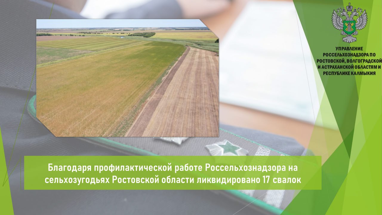 С начала года Управлением Россельхознадзора в рамках повторных обследований зафиксированы факты ликвидации 17 несанкционированных свалок на сельхозугодьях Ростовской области на общей площади более 10 га.    Места несанкционированного размещения твердых бытовых отходов и строительного мусора выявлены при проведении выездных обследований сельхозугодий, расположенных в границах Азовского, Аксайского, Веселовского, Волгодонского, Мартыновского, Морозовского, Неклиновского, Обливского, Орловского, Сальского, Советского, Тацинского и других районах.     По фактам выявленных нарушений правообладателям земельных участков объявлялись предостережения и выдавались предписания о принятии мер по ликвидации свалок и вводу сельхозугодий в оборот.  В рамках повторных обследований сельхозугодий установлено, что несанкционированные свалки из числа ранее выявленных собственниками ликвидированы.    Открыть полный текст  #Земельный_оборот #Земельный_надзор #Свалки