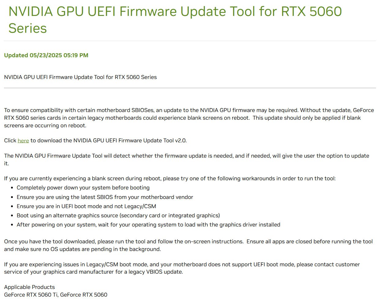 Nvidia выпустила VBIOS-патч для RTX 5060 и 5060 Ti из-за проблем с совместимостью У RTX 5060 и 5060 Ti обнаружились проблемы с совместимостью на старых платах — особенно без UEFI. Nvidia выпустила патч прошивки VBIOS, но предупреждает: ставить его стоит только при реальных глюках, иначе есть риск превратить карту в «кирпич» при обрыве питания Следи за новостями VA-PC Наш менеджер для связи
