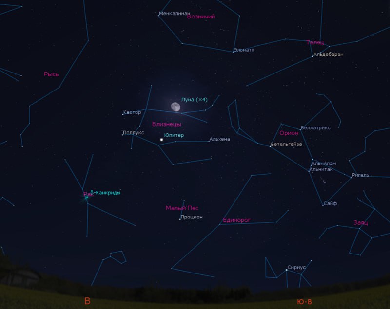 Юпитер и Луна сблизятся в ночном небе В ночь с 30 на 31 января найти Юпитер который выглядит как очень яркая звезда будет несложно Убедиться что это именно та планета поможет Луна В эту ночь почти полный лунный диск пройдет рядом с Юпитером слегка приглушая своим светом его яркость Он будет виден ниже Луны Оба светила расположатся в созвездии Близнецов Наблюдать их можно будет всю ночь вечером на востоке а под утро низко над горизонтом на северо западе БСТ в Telegram БСТ в МАХ