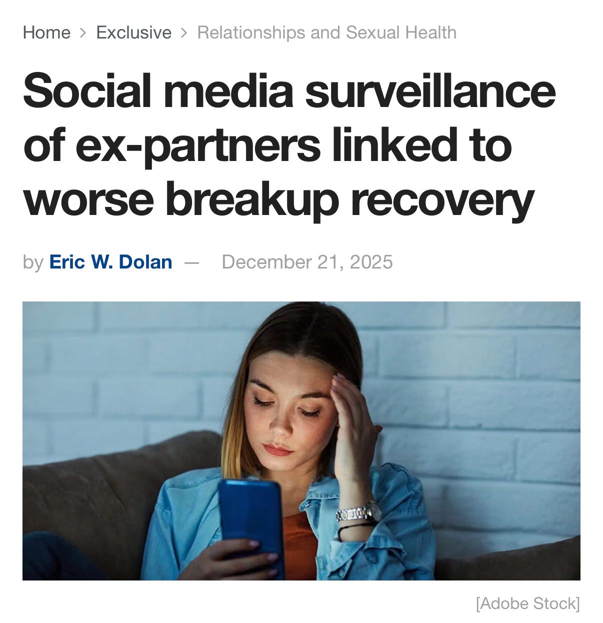 Слежка за бывшими партнёрами в соцсетях превращает людей в ПСИХОПАТОВ показало исследование Как оказалось активный сталкинг поиск фоток бывшего в соцсетях оттягивает выздоровление на полгода а также усиливает тревожную привязанность Даже случайный показ фото бывшего в вашей ленте вызывает ревность и убивает психику Эксперты советуют удалить и заблокировать бывших ВЕЗДЕ после расставания отписаться от общих друзей а также настроить алгоритмы соцсетей так чтобы они скрывали бывших в ленте Отправляем другу который ещё наматывает сопли на кулак после расставания