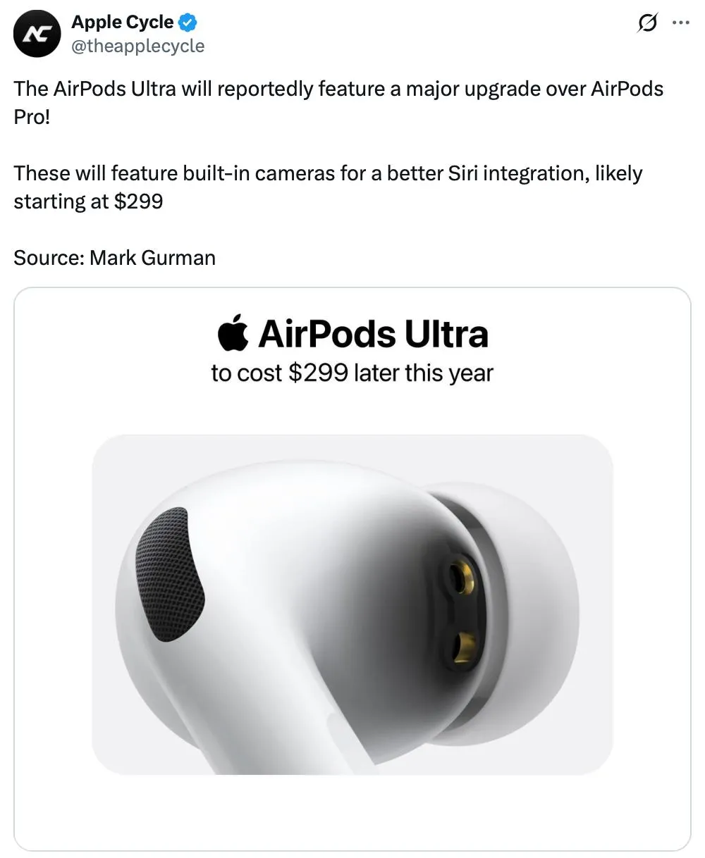 Следующие AirPods могут получить камеры Смысл как у умных очков можно будет задавать вопросы об окружающей среде в реальном времени Называться будут AirPods Ultra Камеры поставят скорее всего инфракрасные Видео снимать нельзя но этого достаточно для передачи данных Siri Есть шанс что добавят управление жестами Показать могут уже в сентябре вместе со складным iPhone Ultra