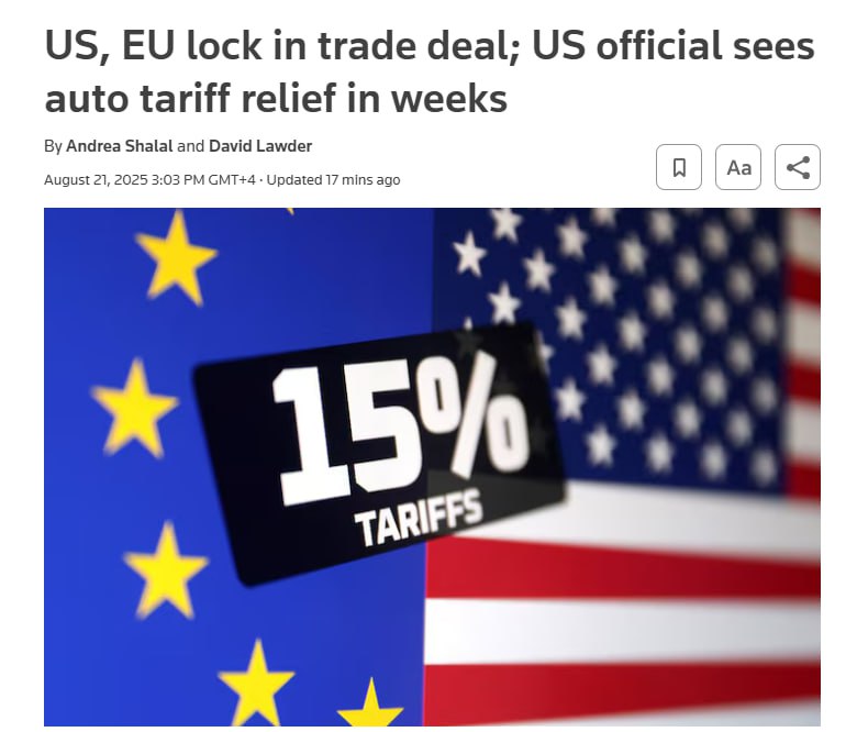 США и ЕС заключили торговое соглашение Reuters Документ предусматривает 15 пошлину США на большинство европейских товаров включая автомобили фармацевтику полупроводники и лесоматериалы В обмен ЕС снимет тарифы на американскую промышленную продукцию и предоставит преференции для морепродуктов и сельхозтоваров из США По данным администрации США пошлины на автомобили и комплектующие могут снизить в течение нескольких недель после представления Брюсселем соответствующего законодательства Евросоюз потратит 750 миллиардов долларов на закупки американской нефти СПГ и продуктов атомной энергетики к 2028 году