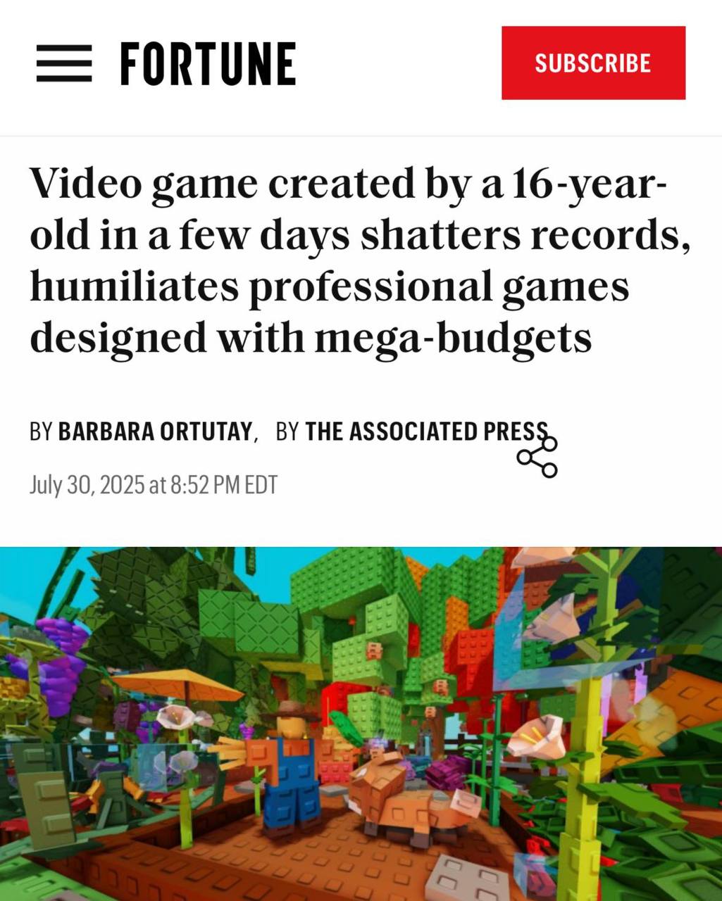 Более ₽1 млрд заработал 16-летний школьник на компьютерной игре Roblox,пишет Fortune. Он за три дня сделал симулятор фермы, который обогнал по популярности CS2, Dota 2 и Fortnite вместе взятые. Студия из Новой Зеландии выкупила концепт игры, но юный разработчик сохранил 50% прав за собой.