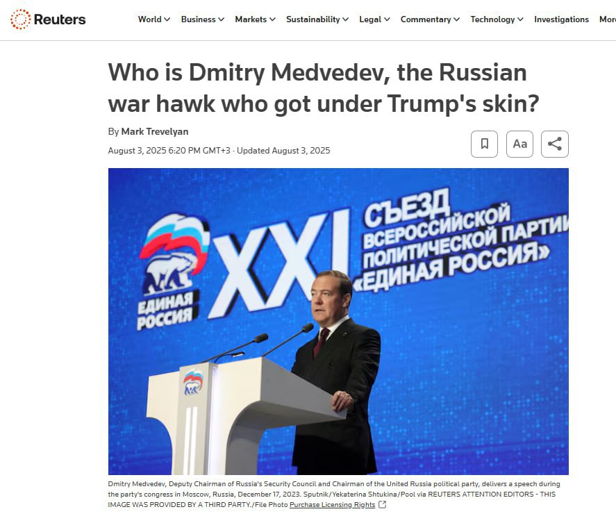 На фоне ядерных угроз и словесных перепалок с Трампом агентству Reuters пришлось напомнить миру: кто же такой Дмитрий Медведев.  Бывший президент, который когда-то ел бургеры с Обамой и пытался играть в либеральную модернизацию, сегодня известен скорее как «человек, который бесит Трампа» — и не только его.