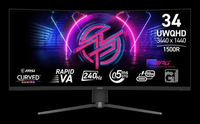 MSI представила изогнутый UWQHD-монитор с диагональю 34 дюйма, частотой 240 Гц и ценой $600  Компания MSI анонсировала изогнутый сверхширокоформатный монитор MPG 346CQRF X24, который ориентирован на геймеров. Новинка обеспечит высокую частоту обновления экрана и в скором времени поступит в розничную продажу.  Разработчики оснастили монитор 34-дюймовой изогнутой панелью Rapid VA с радиусом кривизны 1500R, которая обеспечивает поддержку разрешения 3440 × 1440 пикселей и частоту обновления 240 Гц. Используется панель с соотношением сторон 21:9, пиксельной плотностью 109 PPI и временем отклика 0,5 мс  GtG .  Поддерживается функция адаптивной синхронизации для обеспечения плавного игрового процесса. Заявлена поддержка 10-битного цвета  8 бит + FRC , а также охват цветовых пространств sRGB  110 % , Adobe RGB  85 %  и DCI-P3  85 % . Коэффициент контрастности равен 4000:1, а максимальная яркость — 400 кд/м².