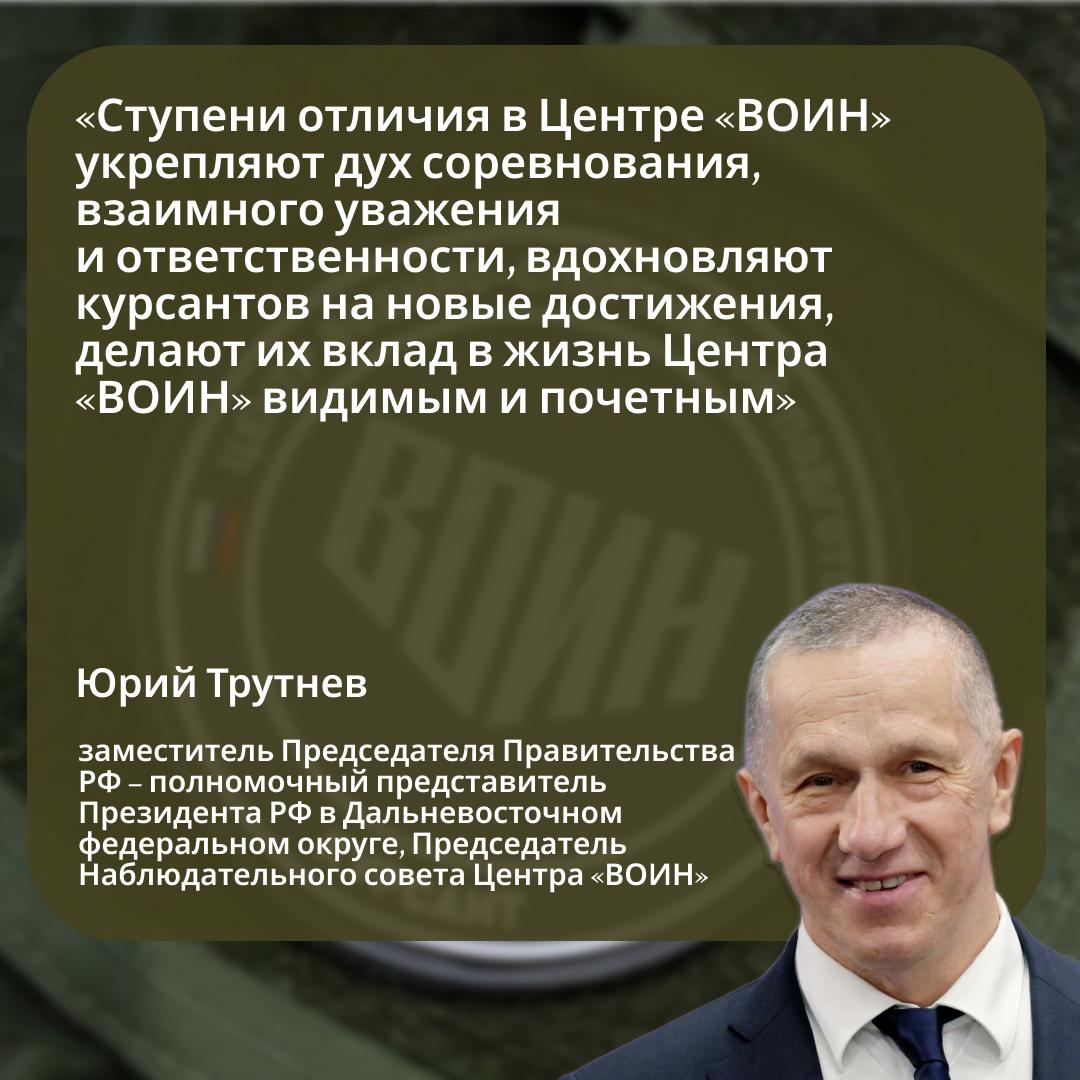 В январе 2026 года курсантам Центра ВОИН вручат знаки различия 88 воспитанников из 15 регионов стали Курсантами гвардейцами высшей ступенью отличия Лидеры Тюменская область 29 Хабаровский край 12 Бурятия и Якутия по 10 человек 327 ребят удостоены звания Курсант боец Внедрение системы ступеней отличия делает обучение курсантов в Центре ВОИН более мотивирующим а оценку прохождения обучения более справедливой Каждый видит что признание приходит через поступки и верность делу Они укрепляют дух соревнования взаимного уважения и ответственности вдохновляют курсантов на новые достижения делают их вклад в жизнь Центра ВОИН видимым и почетным сказал полпред ДФО Юрий Трутнев Центр ВОИН создан по поручению президента с миссией подготовить новое поколение патриотов умеющих защищать Родину В обучении курсантов задействовано около 400 инструкторов в т ч Федерации боевого снайпинга России
