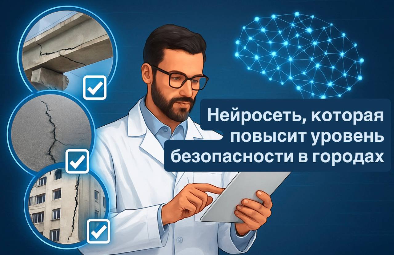 Свой дозор на Урале    Уральские учёные создали нейросеть, которая сможет находить опасные трещины в мостах, дорогах и зданиях всего за секунды. На картинке история представлена, конечно, сильно утрировано, а в реальности ИИ будет находить даже самые мелкие трещинки в самых сложных условиях  в туннелях, на нижних частях мостов, в ночное время, просто при плохом освещении или даже под слоем грязи  благодаря инфракрасным камерам.   Разработка отечественных специалистов уже продемонстрировала точность 88,7% в поисках любых деформаций. Модель обрабатывает изображения в 100 раз быстрее, чем традиционным способом  а это многочасовая ручная проверка!  — до 232 кадров в секунд. Внедрение такой нейросети снизит риски аварий и сократит затраты на обслуживание инфраструктуры.   Проект, кстати, важный, потому что, по данным Росстата, причина до 60% аварий — как раз несвоевременное обнаружение трещин  .