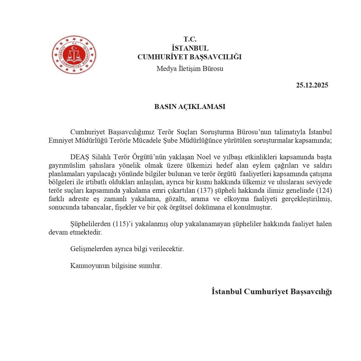 В Стамбуле прошла крупная операция против ИГИЛ признана террористической и запрещена Об этом сообщила прокуратура Стамбула Полиция задержала 115 человек из 137 подозреваемых в подготовке терактов к Новому году и Рождеству В ходе рейдов по 124 адресам были изъяты оружие и важные документы Поиски остальных причастных продолжаются ochgt