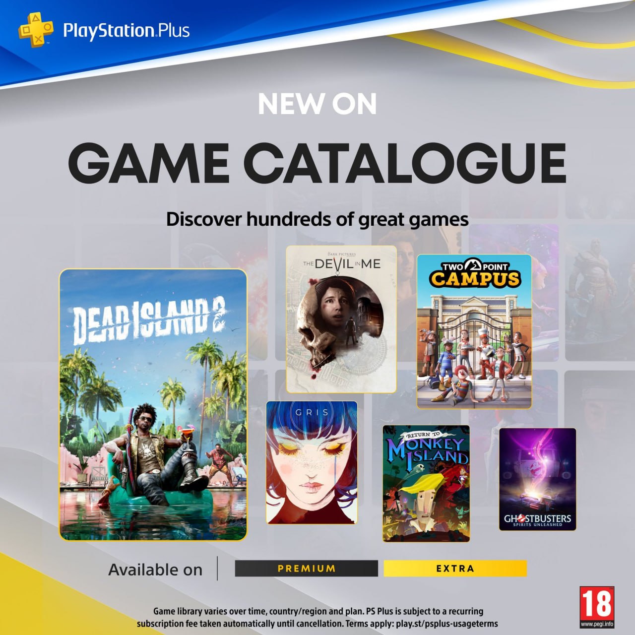 Sony анонсировала новую подборку игр для подписки PS Plus Extra и Deluxe.   • Dead Island 2 • Two Point Campus • The Dark Pictures Anthology: The Devil in Me • Gris • Return to Monkey Island • Ghostbusters: Spirits Unleashed • Firefighting Simulator The Squad • Overpass 2 • Tour de France 2023 • Ghost Recon: Wildlands.   Владельцы Plus Premium и Deluxe также получат:  • Dino Crisis  PS1  • The Last Clockwinder  PS VR2  • Siren  PS2  • R-Type Dimensions EX.  Игры появятся в сервисе 15 октября.