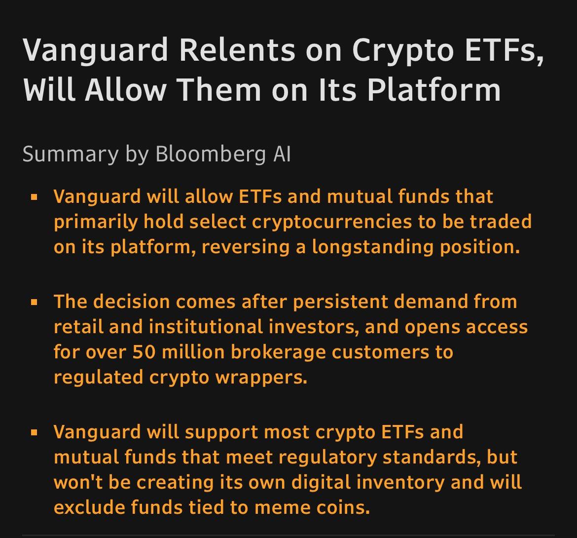 Крупнейший инвестиционный фонд Vanguard открывает доступ к криптовалютным ETF Vanguard один из ведущих мировых фондов управляющих активами общей стоимостью свыше 11 триллионов Напоминаем в декабре прошлого года компания столкнулась с критикой сообщества из за отказа создать собственный биткоин ETF и ограничить возможность инвестиций в подобные инструменты для клиентов investing investing