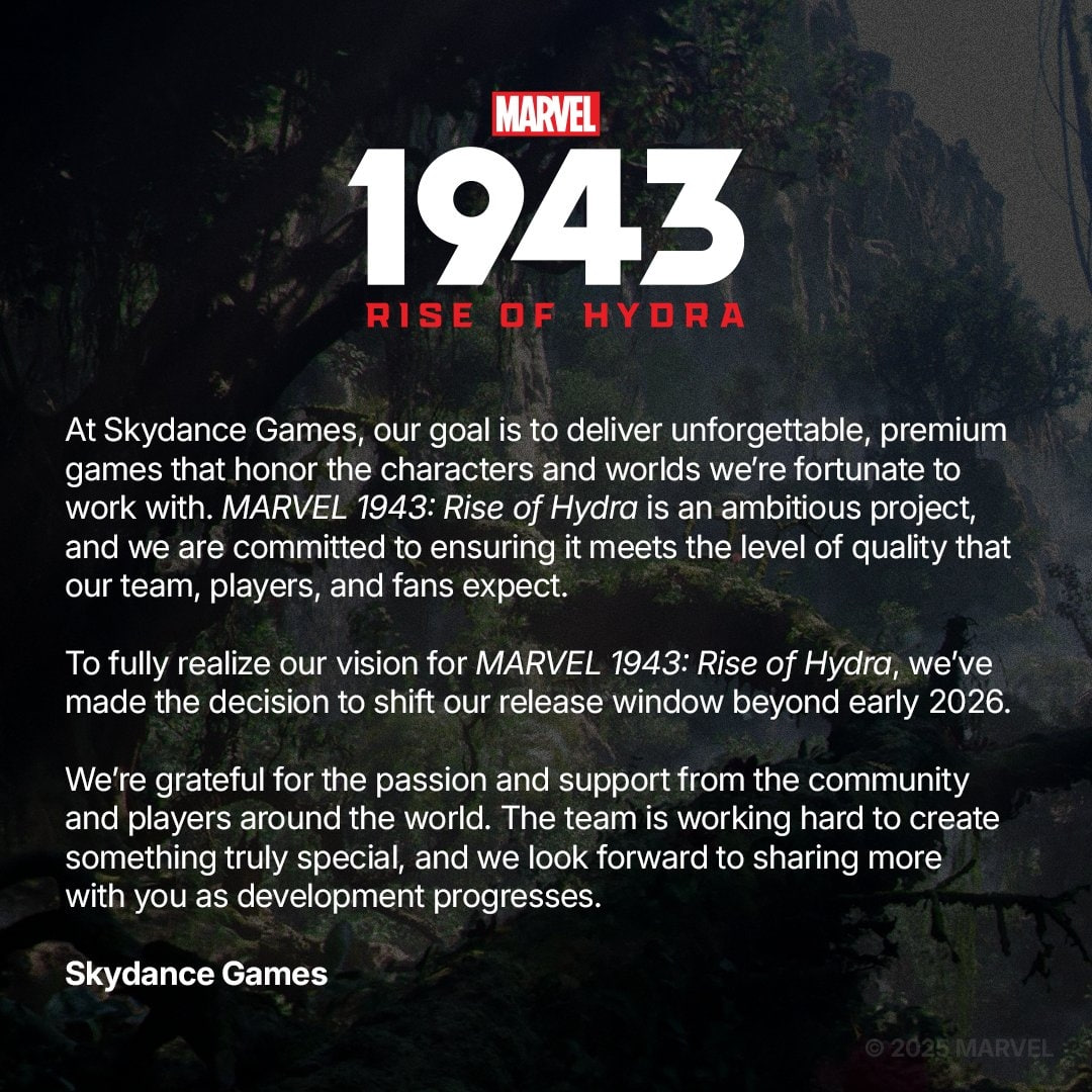Вслед за GTA 6 объявили перенос Marvel 1943 Rise of Hydra Похоже цепная реакция пошла студия Skydance Games сообщила что релиз Marvel 1943 Rise of Hydra откладывается за пределы начала 2026 года Разработчики объяснили что хотят в полной мере реализовать своё видение и довести качество до уровня которого ждут фанаты Это амбициозный проект и мы благодарны за терпение и поддержку сообщества говорится в заявлении Skydance Похоже 2026 й станет годом ожидания но если результат будет на уровне фанаты возможно простят задержку Гейминг championatgaming Подписывайся на Чемп Play