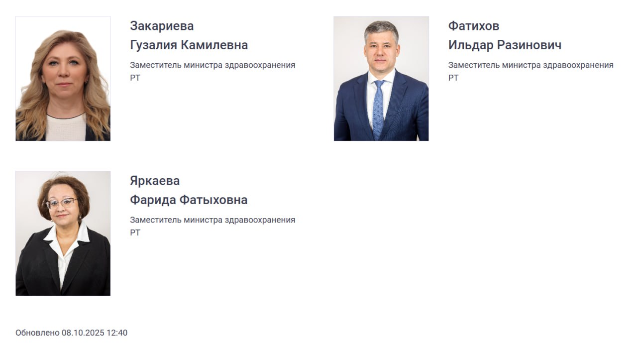 Минздрав Татарстана покинули три замглавы ведомства Речь о Владимире Филатове Вере Семеновой и Андрее Кирносове Первый был начальником горздрава Казани вторая занималась кадровой политикой а третий вопросами цифровизации в министерстве Карточки всех трех уже экс замминистра пропали с сайта ведомства Официальных приказов об отставке пока не было inkazanischa теперь и в МАХ