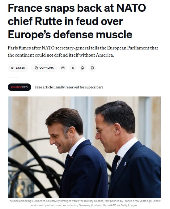 Франция обрушилась с критикой на заявление Рютте что Европа не сможет защитить себя без США пишет Politico Нет дорогой Марк Рютте Европейцы могут и должны сами обеспечивать свою безопасность С этим согласны даже Соединённые Штаты Это европейская опора НАТО заявил министр иностранных дел Франции Жан Ноэль Барро Когда дети ссорятся решение принимает папа иронично отреагировал на публикацию Кирилл Дмитриев Ранее отвечая на вопрос французского депутата Рютте заявил что континент не может защитить себя без поддержки США Telegram MAX Читать эксклюзив