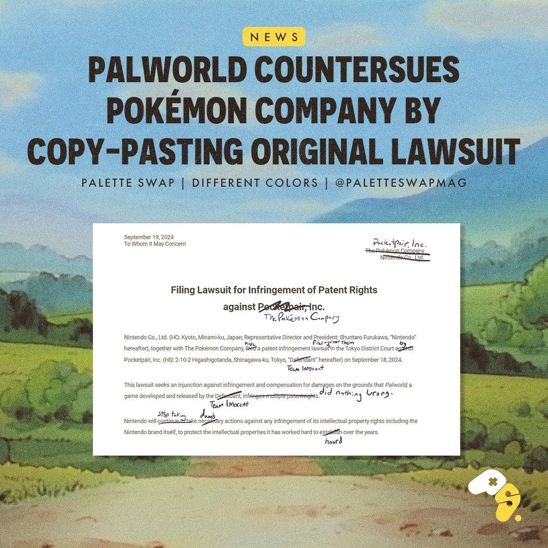 BREAKING: Nintendo подала в суд на разработчиков Palworld за незаконное использование её нескольких патентов в игре  Напомним, что Palworld является пародией на Покемонов, где они ещё могут носить оружие. Видимо скоро не смогут!