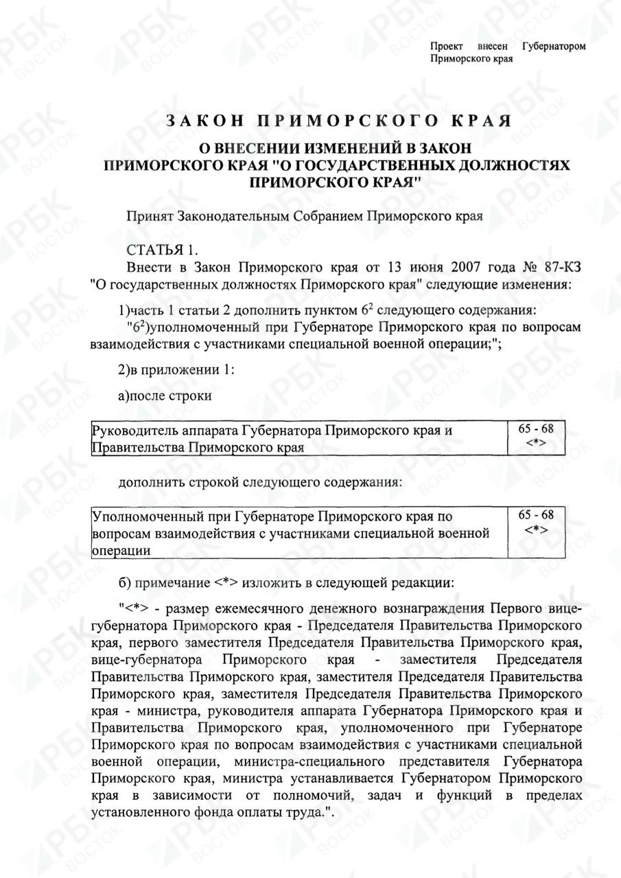 Уполномоченный по вопросам взаимодействия с участниками СВО появится в правительстве Приморья   Поправки в Устав края в конце февраля рассмотрит Заксобрание региона. В пояснительной записке сказано, что должность вводится в целях координации властей с общественными организациями и НКО по вопросам, связанным с СВО, защитой и реализацией прав участников спецоперации.