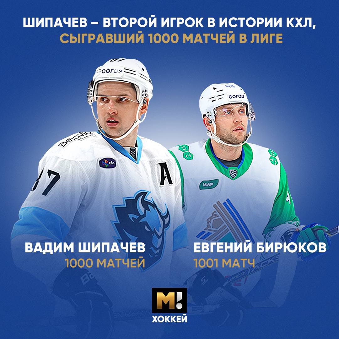 Вадим Шипачев – второй хоккеист в истории КХЛ, который провел 1000 матчей  В составе сборной России форвард минского «Динамо» выигрывал золото чемпионата мира‑2016 и Олимпийских игр‑2018, также он завоевал серебро Олимпиады в 2022 году.   Сейчас у него в лиге 925  290+635  очков, по этому показателю в истории КХЛ он уступает лишь Сергею Мозякину, у которого 928  419+509  баллов.