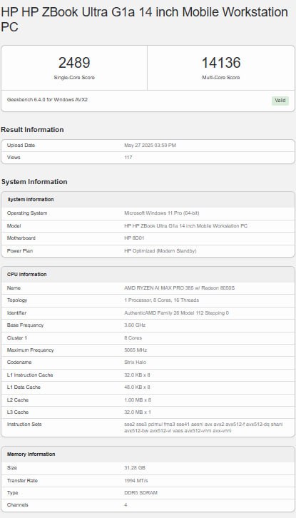 Ryzen AI Max 385 показал результаты в Geekbench 2489 баллов в одноядерном тесте и 14 136 — в многоядерном. У чипа 8 ядер и встроенная графика Radeon 8050S. Несмотря на заявленные 5 ГГц, однопоточная производительность уступает Max+ 395. Скорее всего, причина — сырая прошивка или лимиты по питанию - для 8 ядер — неплохо - 5 ГГц? А толку? Следи за новостями VA-PC Наш менеджер для связи