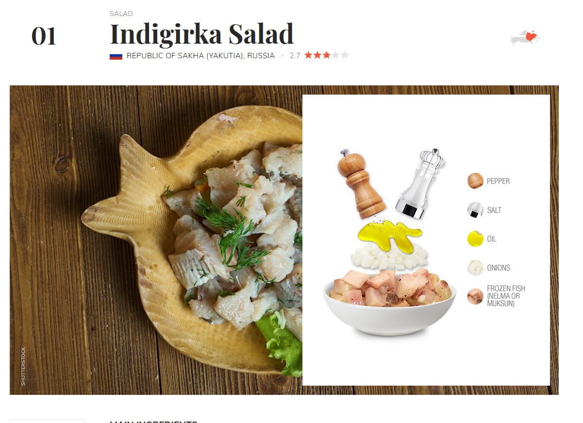 TasteAtlas снова назвал якутский салат Индигирка самым отвратительным блюдом из России Только одно блюдо из России попало в обновленный список самой отвратительной еды мира Он составлен и опубликован на сайте TasteAltlas гастрономического путеводителя по традиционным блюдам разных стран Подробности sakhaday ru news tasteatlas snova nazval yakutskiy salat indigirka samym otvratitelnym blyudom iz rossii from copy