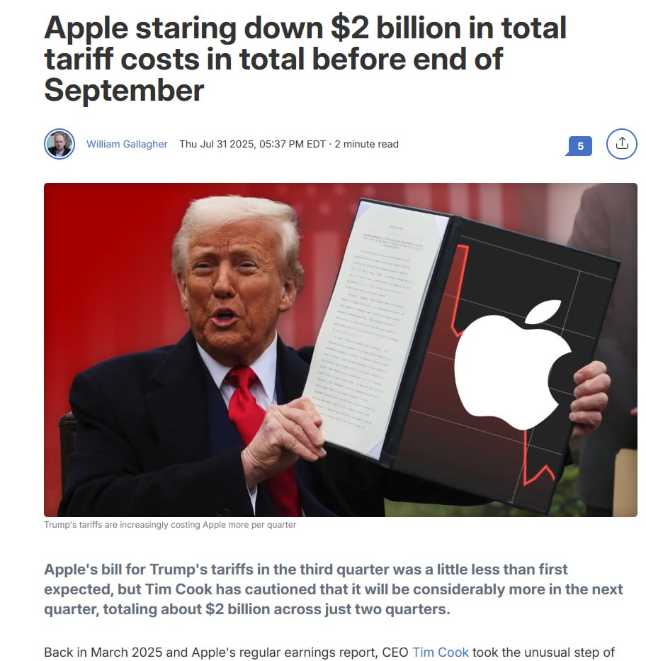 Пошлины Трампа обойдутся Apple в 2 млрд долларов до коонца сентября. Причины - тарифы для Китая и других стран.  Юольшинство iPhone, продаваемых в США, сейчас производятся в Индии, в то время как большинство Mac, iPadd и Apple Watch производятся во Вьетнаме. Тим Кук пыытается переносить производства в страны с более комфортными тарифами, но пока не слишкмо успешно. Прибыль компании уже оказалась на 100 миллионов долларов меньше ожидаемой.