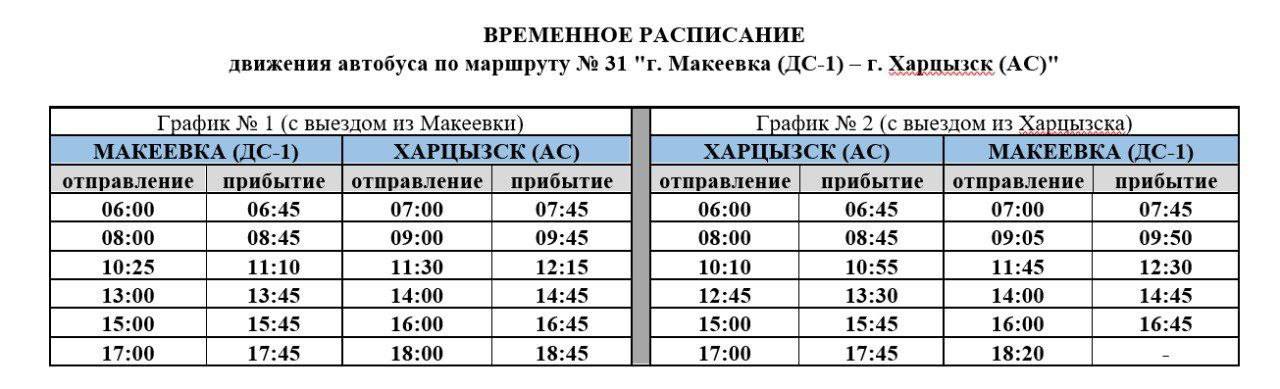 Вниманию пассажиров!     С 27 января обслуживание автобусного маршрута "Макеевка - Харцызск" обеспечит новый перевозчик  Министерством транспорта ДНР подобран новый перевозчик для продолжения работы социально-востребованного маршрута и транспортного обеспечения жителей городских округов Макеевка и Харцызск.   ГУП ДНР «Донбасская транспортная компания» займет место муниципального перевозчика, ранее обслуживающего маршрут № 31 "Харцызск - Макеевка", но прекратившего работу по ряду экономических причин.  Начиная с 27 января межмуниципальный маршрут № 31 "г. Макеевка  ДС-1  - г. Харцызск  АС " будет осуществлять рейсы ежедневно согласно расписанию  смотрите в нашей карточке   .  ‼ Важно! Стоимость проезда у нового перевозчика -50 российских рублей.  Первое время на линии будут работать 2 автобуса, но перевозчик прорабатывает вопрос увеличения количества транспортных средств на маршруте.  Подписаться