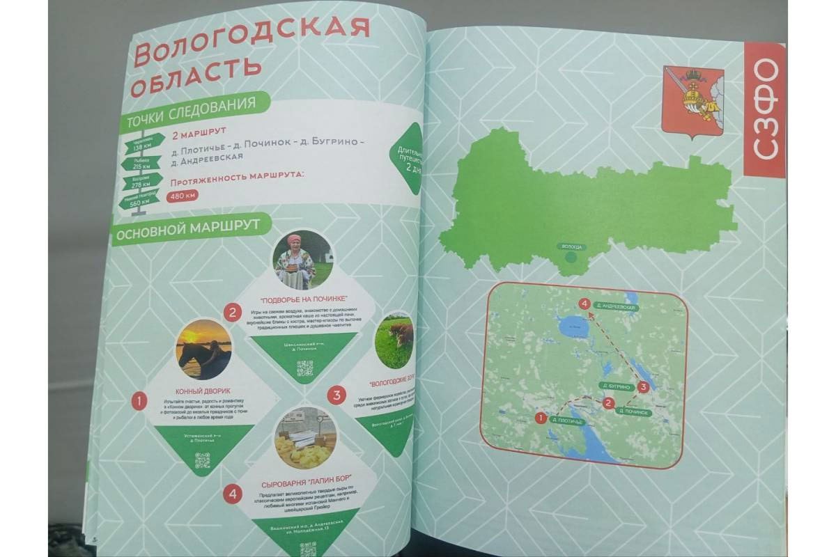 Семь объектов сельского туризма Вологодской области вошли в федеральный Атлас На Всероссийской агропромышленной выставке Золотая осень Минсельхоз России представило Атлас объектов сельского туризма В это издание призванное объединить и популяризировать аграрный туризм в стране включены и семь объектов из Вологодской области В их числе Сыроварня Липин Бор Вашкинский округ Ферма Русское ранчо Никольский округ Территория гостеприимства Рогачиха Верховажье Оленья эко ферма Ферма на Маркуше Тарногский округ Подворье На Починке Шекснинский округ КФХ Вологодские зори Вологодский округ ЛФК Конный дворик Устюжна Атлас содержит 51 маршрут из разных регионов России Для каждого указана протяженность продолжительность и дополнительные точки интереса Создание Атласа соответствует целям нацпроекта Туризм и гостеприимство и направлено на интеграцию объектов в единое туристическое пространство Всего же в Вологодской области для гостей открыто более 150 площадок сельского туризма где можно познакомиться с местной культурой традициями и бытом Палисад Media Подписывайтесь