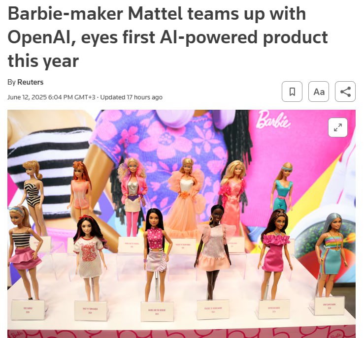 Мужики, внимание! Куклы Barbie оснастят искусственным интеллектом Mattel объединилась с OpenAI — теперь игрушки будут не просто стильными, но и разговорчивыми. Первые AI-Barbie появятся уже в этом году.