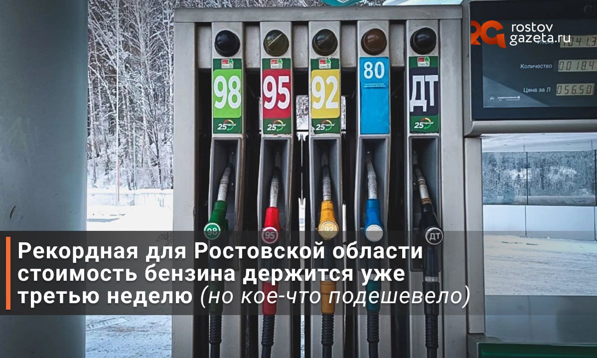 Что у нас с ценами на бензин?   За прошедшую неделю в Ростовской области одна часть марок топлива выросла в цене, другая — сохранила прежнюю среднюю стоимость, а третья — подешевела.  Как сообщает Росстат, за прошедшую неделю в Ростовской области автомобильный бензин в среднем подорожал на две копейки: до 60,52 рубля за литр.     АИ-92 теперь обойдется в среднем в 56,35 рубля, что также на две копейки больше по сравнению с предыдущей неделей.    АИ-95 вырос уже на три копейки — до 62,61 рубля.     АИ-98 разливают по старой цене — в среднем за 81,90 рубля.  А вот дизельное топливо несколько подешевело: в среднем 66,22 рубля за литр. Его стоимость упала сразу на четыре копейки.     RostovGazeta