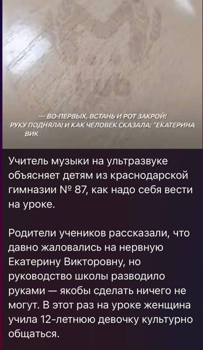 ‍ Учитель накричала на детей в краснодарской гимназии.   Видео из гимназии № 87 кубанской столицы распространилось в местных пабликах. На нем учитель музыки на повышенных тонах объясняет ученикам, как надо вести себя на уроке:        - Во-первых, встань и рот закрой! Руку подняла и как человек сказала: «Екатерина Викторовна, можно мне задать вопрос?» Нет. Вышли все, - кричит на видео учитель.  По словам родителей учеников, и до этого случая они жаловались на учителя, но руководство школы якобы не реагировало. Теперь поведением педагога заинтересовались в городской полиции. Там начали проверку.