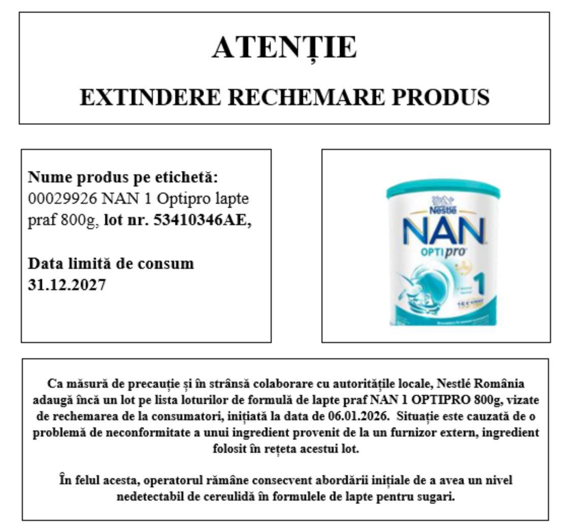 Внимание родители очередная опасная партия детской молочной смеси NAN изъята с продажи Речь идет о продукте NAN 1 Optipro партии 53410346AE срок годности которой истекает 31 декабря 2027 года Отзыв был инициирован компанией Nestlé Romania в качестве меры предосторожности из за несоответствия одного ингредиента полученного от внешнего поставщика и использованного в рецептуре этой партии Покупателей просят вернуть партию в магазины для возврата денег