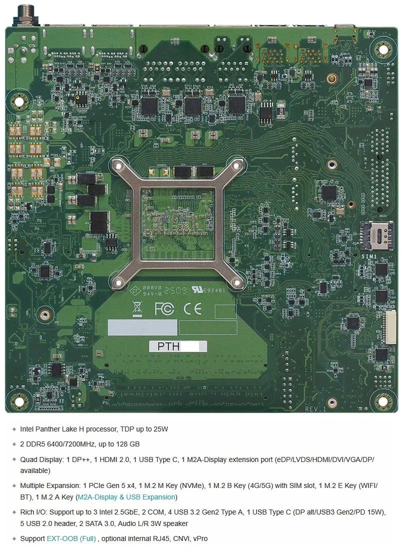 Засветилась плата с Intel Panther Lake H Пользователь X86 is dead back показал фото промышленной Mini ITX платы с распаянным CPU Panther Lake H Это ранний образец но он подтверждает что партнёры Intel уже тестируют будущие чипы Особенности платы Форм фактор Mini ITX 2 слота DDR5 SO DIMM разгон до 7200 МТ с TDP CPU 25 Вт Несколько M 2 один из них PCIe 5 0 x4 Вывод видео DP HDMI 2 0 USB C M2A Display Официальный релиз Panther Lake ожидается только в 2026 году но утечки явно намекают Intel ускоряет подготовку Ждать ли заметного рывка по энергоэффективности или снова будет 5 к IPC Участвуй в розыгрыше 3 х ИГРОВЫХ ПК Наши каналы Intеl