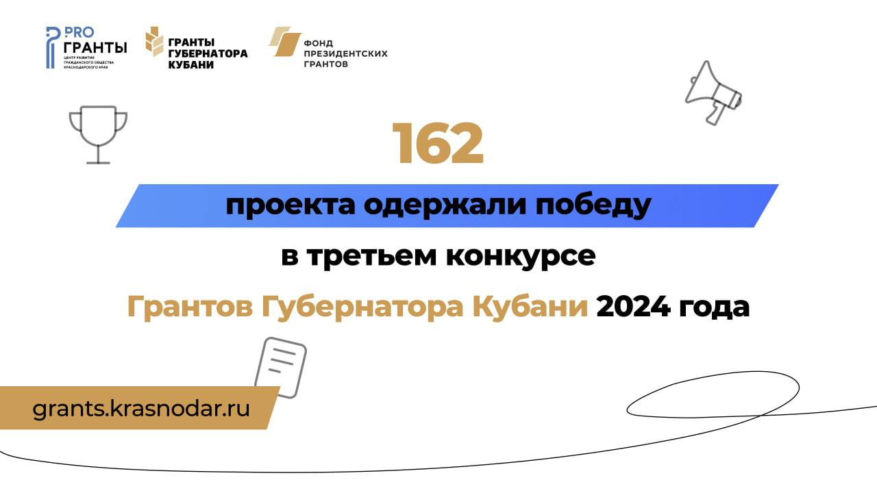 ‼ Победителями третьего конкурса Грантов Губернатора Кубани признаны 162 общественно полезных проекта некоммерческих организаций. Это рекордное количество за все 12 конкурсов, проведенных Центром развития гражданского общества Краснодарского края. Всего для участия в конкурсе были поданы заявки от 230 организаций.   Отметим, что 64 организации одержали победу в конкурсе - впервые.    Лидером среди муниципальных образований  по количеству победителей стал Краснодар - 59 проектов.   К реализации своих инициатив победители приступят с 1 февраля 2025 года.   ℹ С информацией о всех проектах-победителях конкурса  можно ознакомиться на официальном сайте «Гранты Губернатора Кубани».