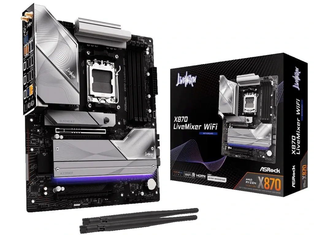 ASRock X870 LiveMixer WiFi материнка для контентмейкеров ASRock показала новую плату X870 LiveMixer WiFi под сокет AM5 Она создана для стримеров и творцов упор на мощное питание и максимум портов Характеристики 19 фазная VRM 16 2 1 Dr MOS 80 A Поддержка Ryzen 9950X 9950X3D 8 слойный текстолит массивные радиаторы VRM 1 PCIe 5 0 x16 2 PCIe 3 0 x16 2 M 2 PCIe 5 0 x4 2 M 2 PCIe 4 0 x4 DDR5 до 8000 МТ с 4 слота Wi Fi 7 BT 5 4 5Gb LAN ALC4082 25 USB портов включая 2 USB4 Type C Цена 291 Материнка выглядит как швейцарский нож для ПК но нужно ли в 2025 году аж 25 USB Участвуй в розыгрыше 3 х ИГРОВЫХ ПК Наши каналы АsRоck Maтeринки