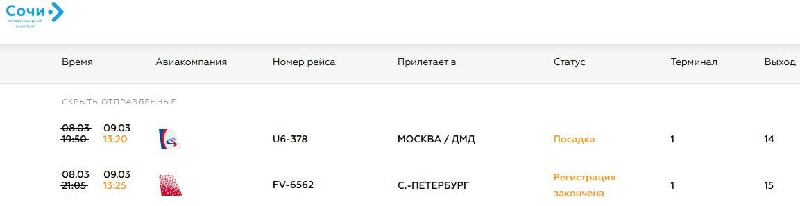 Пассажиры со вчерашнего вечера не могут вылететь из Сочи в Москву и Санкт-Петербург.  Рейс U6-378 «Уральских авиалиний» в столицу должен был отправиться 8 марта в 19:50, но только сейчас на него заканчивается посадка - вылет намечен на 13:20. А самолет «России» в Питер задержан на 16,5 часов - с 21:05 до 13:25.  Сбоит расписание и других рейсов. Как пояснили в пресс-службе авиагавани, причина - погодные условия. Сочи накрыло плотным туманом.